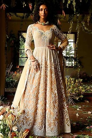 cassia beige embellished indo western anarkali set