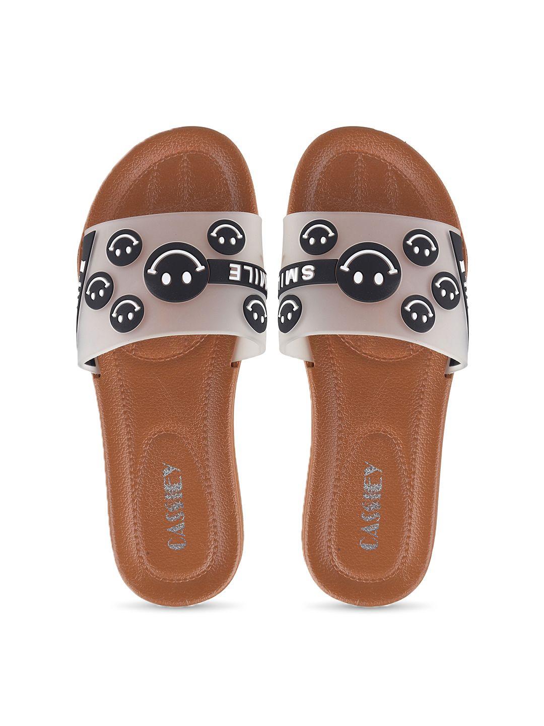 cassiey women brown & black printed rubber sliders