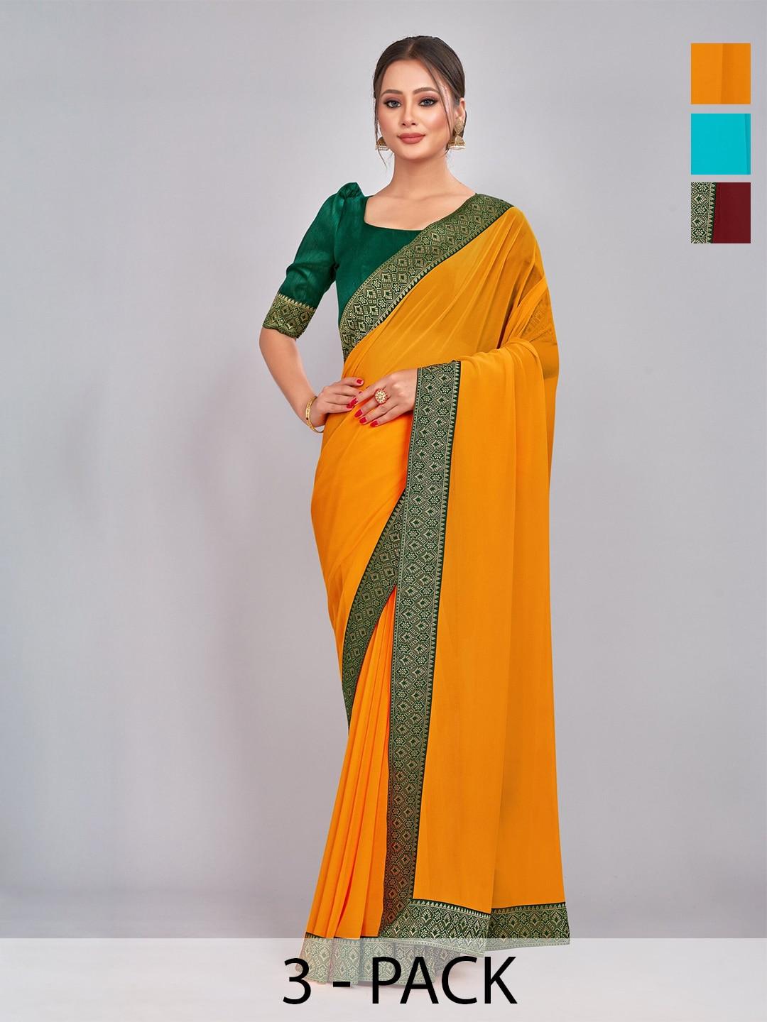 castillofab selection of 3 zari detailed pure georgette sarees