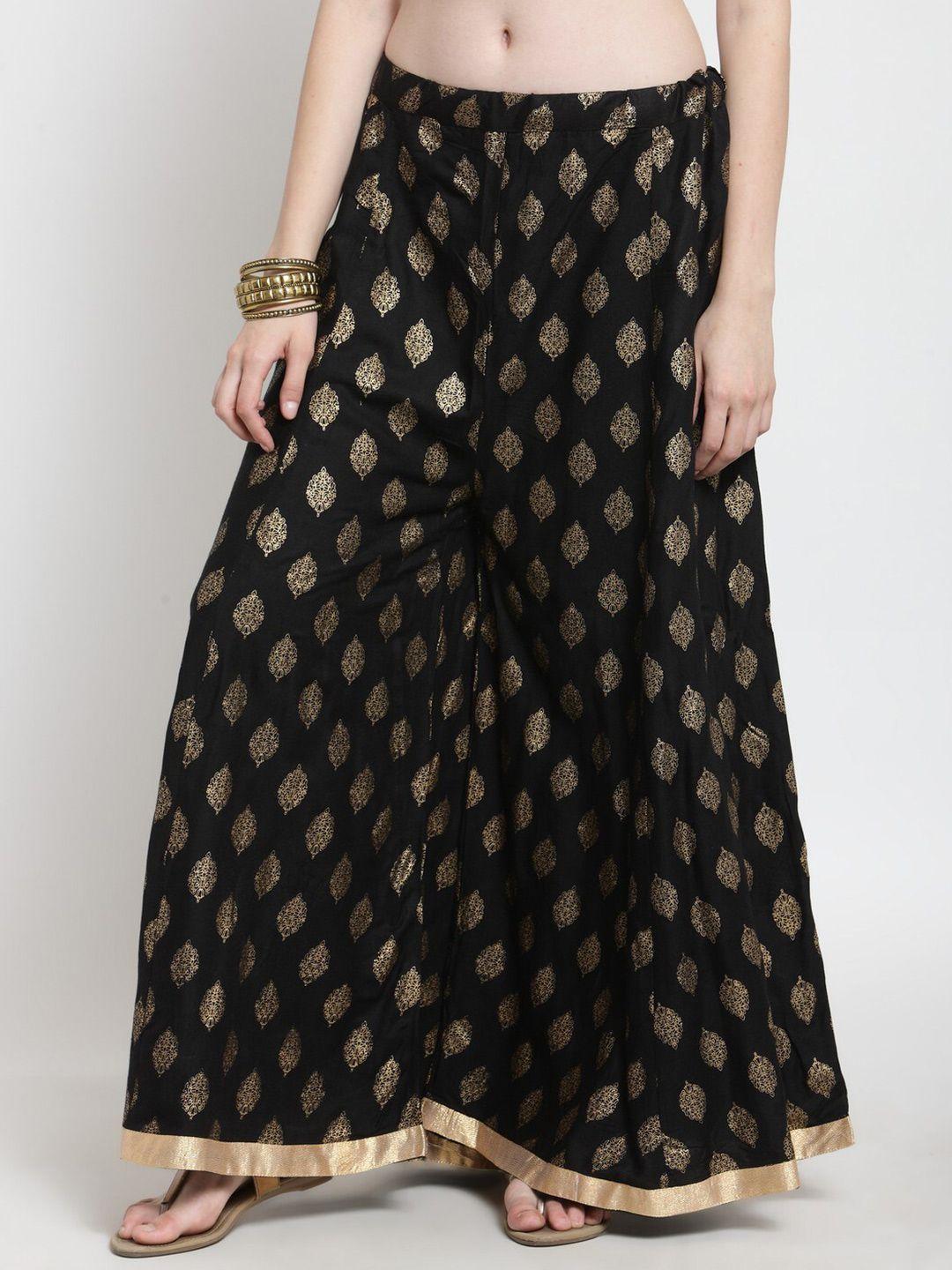 castle lifestyle women black & gold-toned ethnic motifs printed flared ethnic palazzos