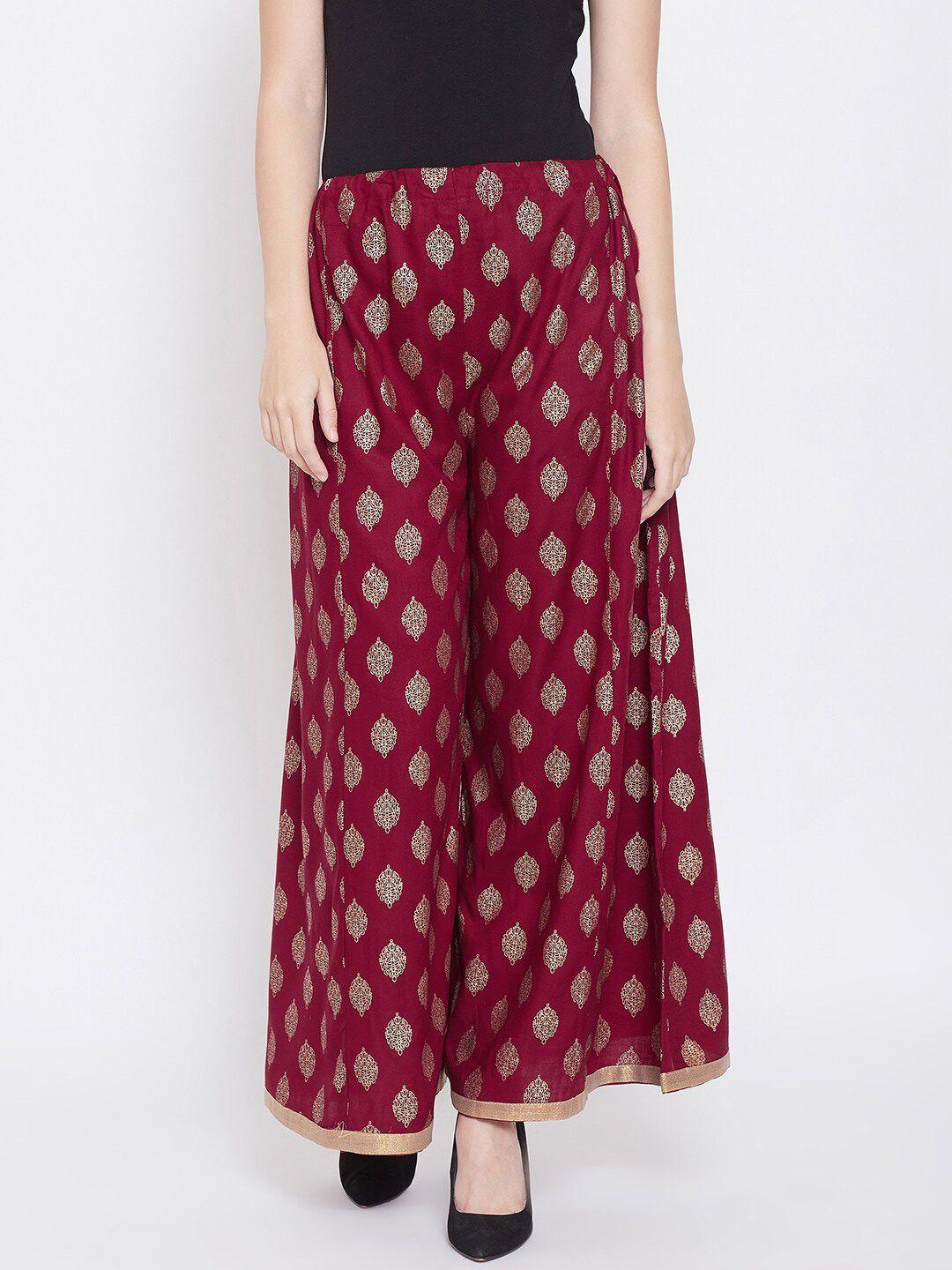 castle lifestyle women maroon & gold-toned printed flared ethnic palazzos