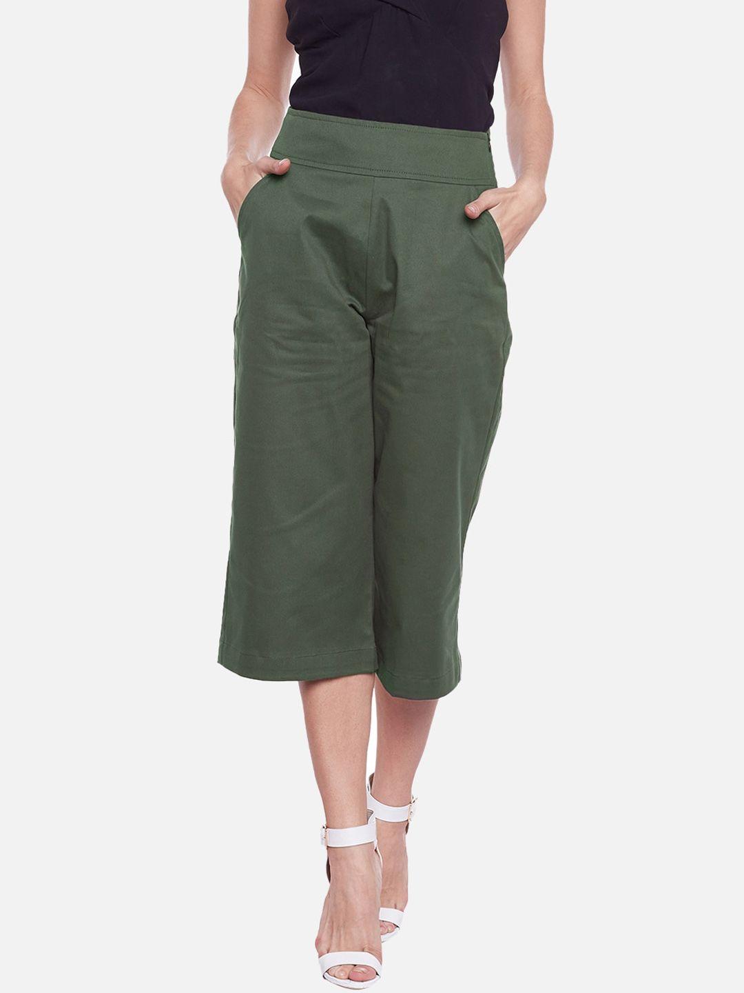 castle lifestyle women olive green solid smart easy wash culottes trousers
