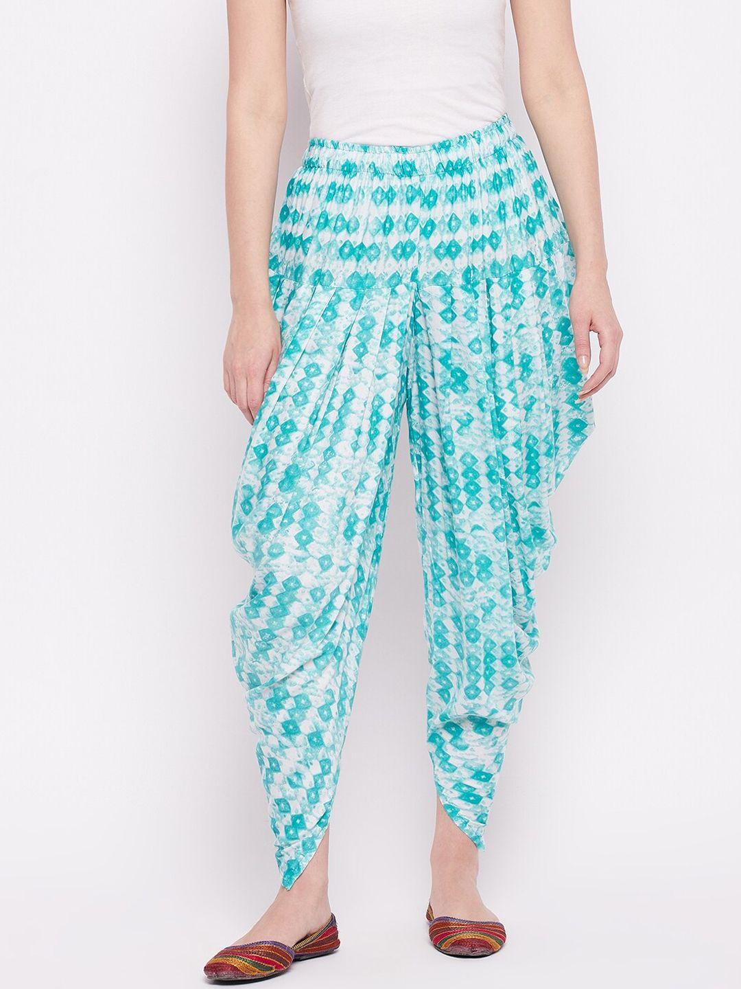 castle lifestyle women turquoise blue geomatric print rayon dhoti pants