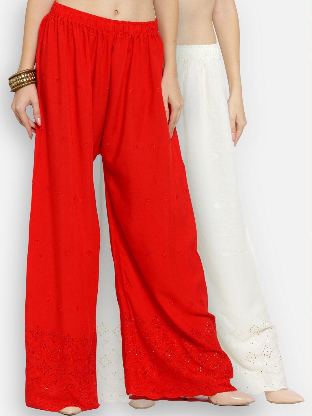 castle pack of 2 women off white & red floral embroidered flared ethnic palazzos