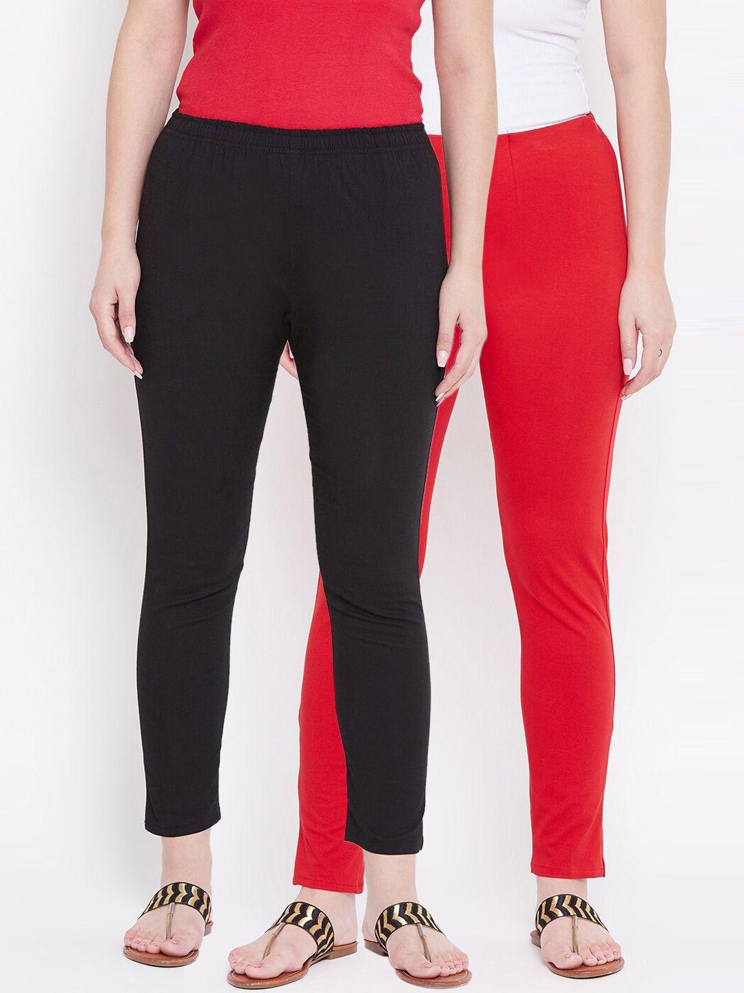 castle pack of 2 women red & black regular fit solid regular ankle length cotton trousers