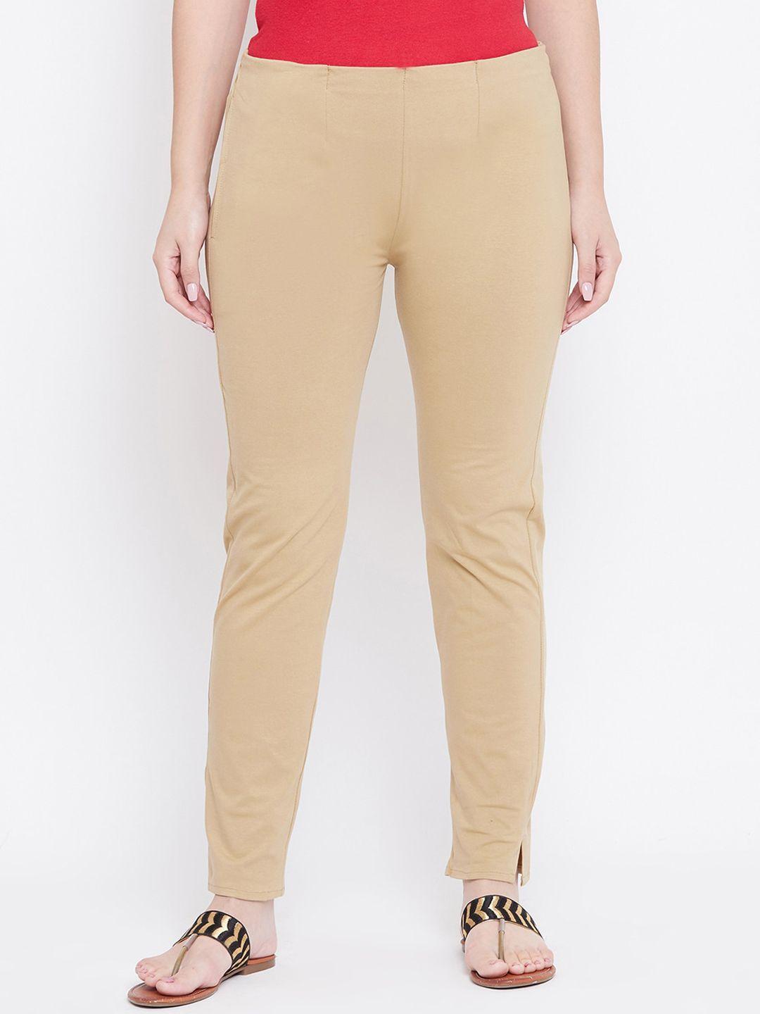 castle women beige slim fit solid stretchable trousers