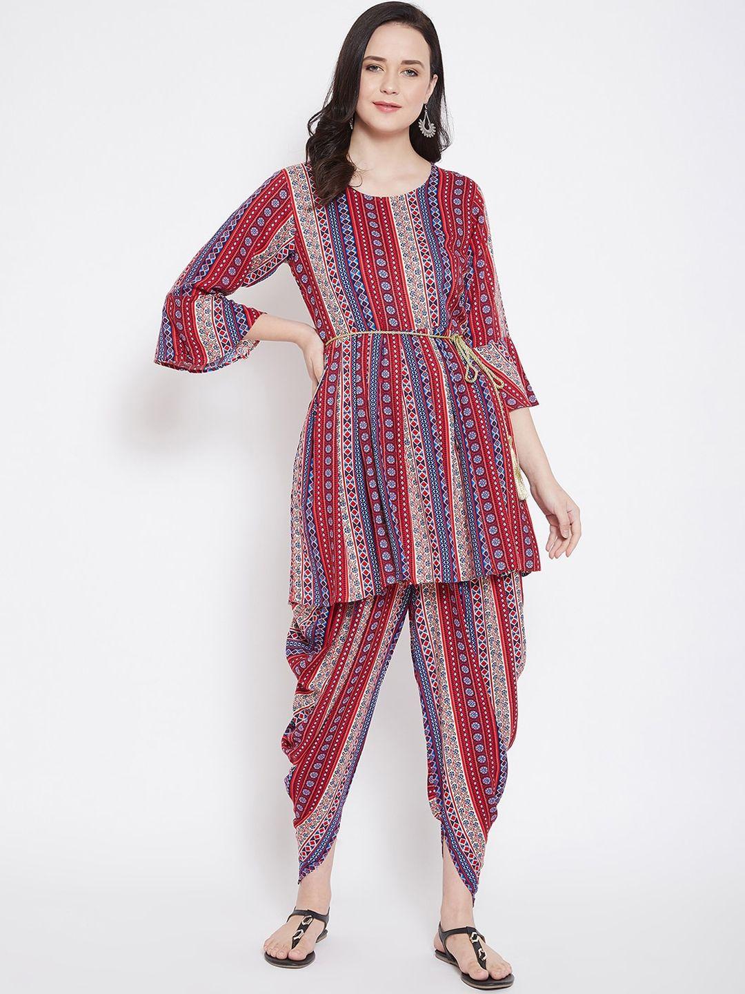 castle women blue & red printed kurti with dhoti pants