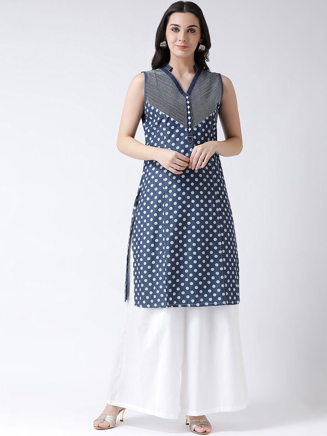 castle women blue & white printed a-line denim kurta