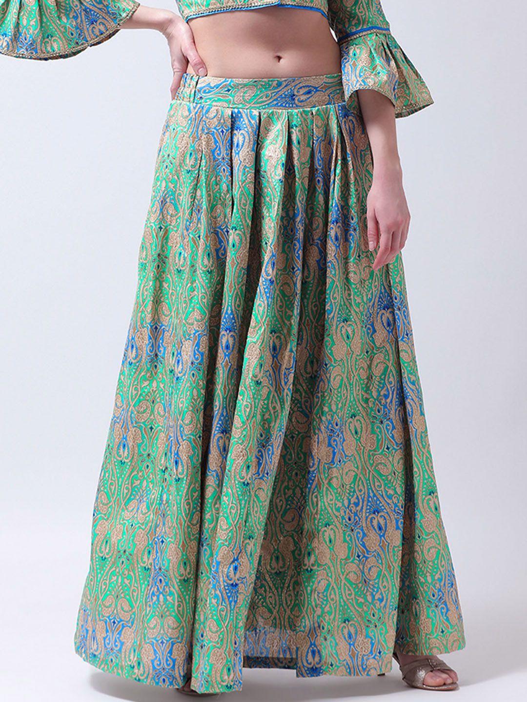 castle women green & blue printed flared maxi skirt