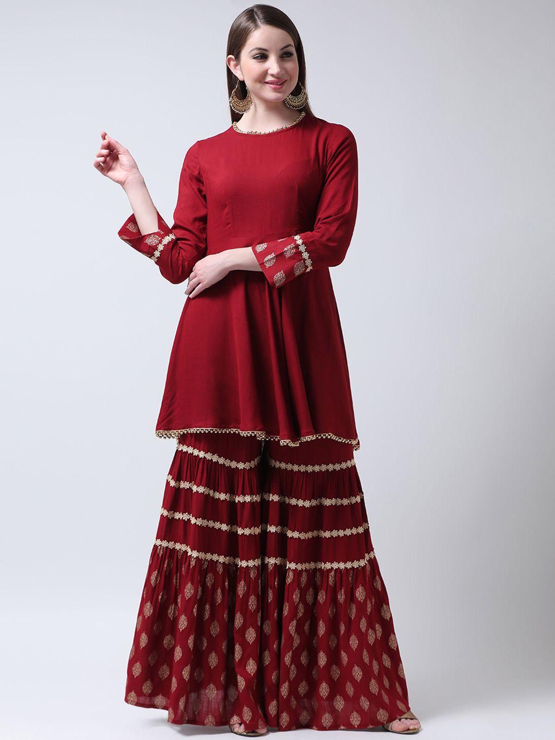 castle women maroon solid kurti with sharara