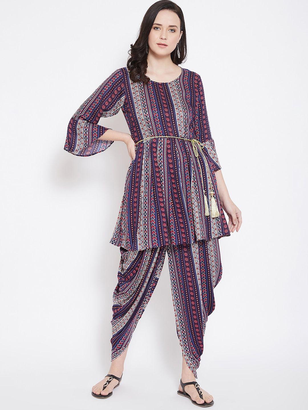 castle women navy blue & red printed kurti with dhoti pants & dupatta