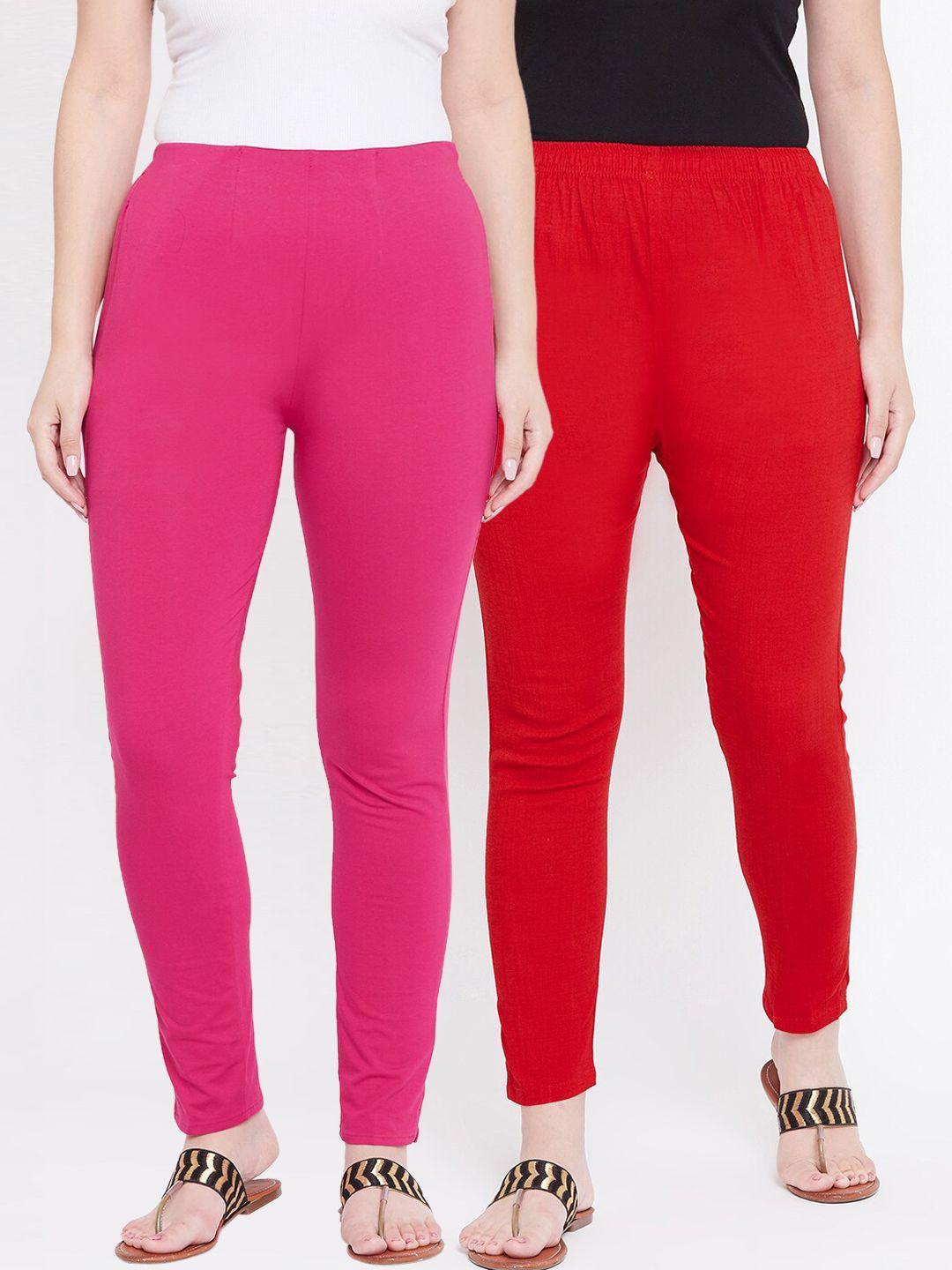 castle women pack of 2 maroon & pink regular fit solid trousers