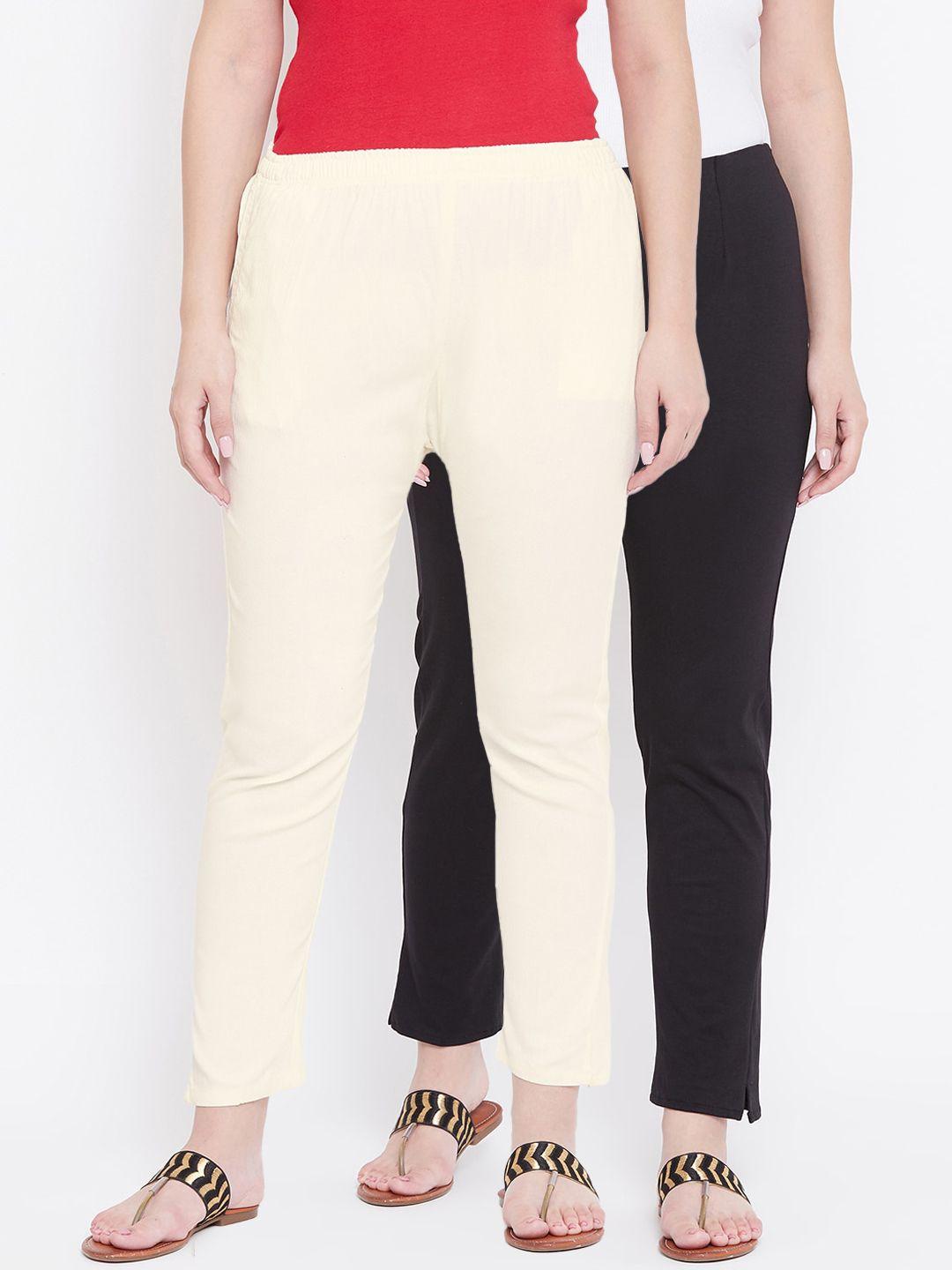 castle women pack of 2 off-white & black regular fit solid trousers