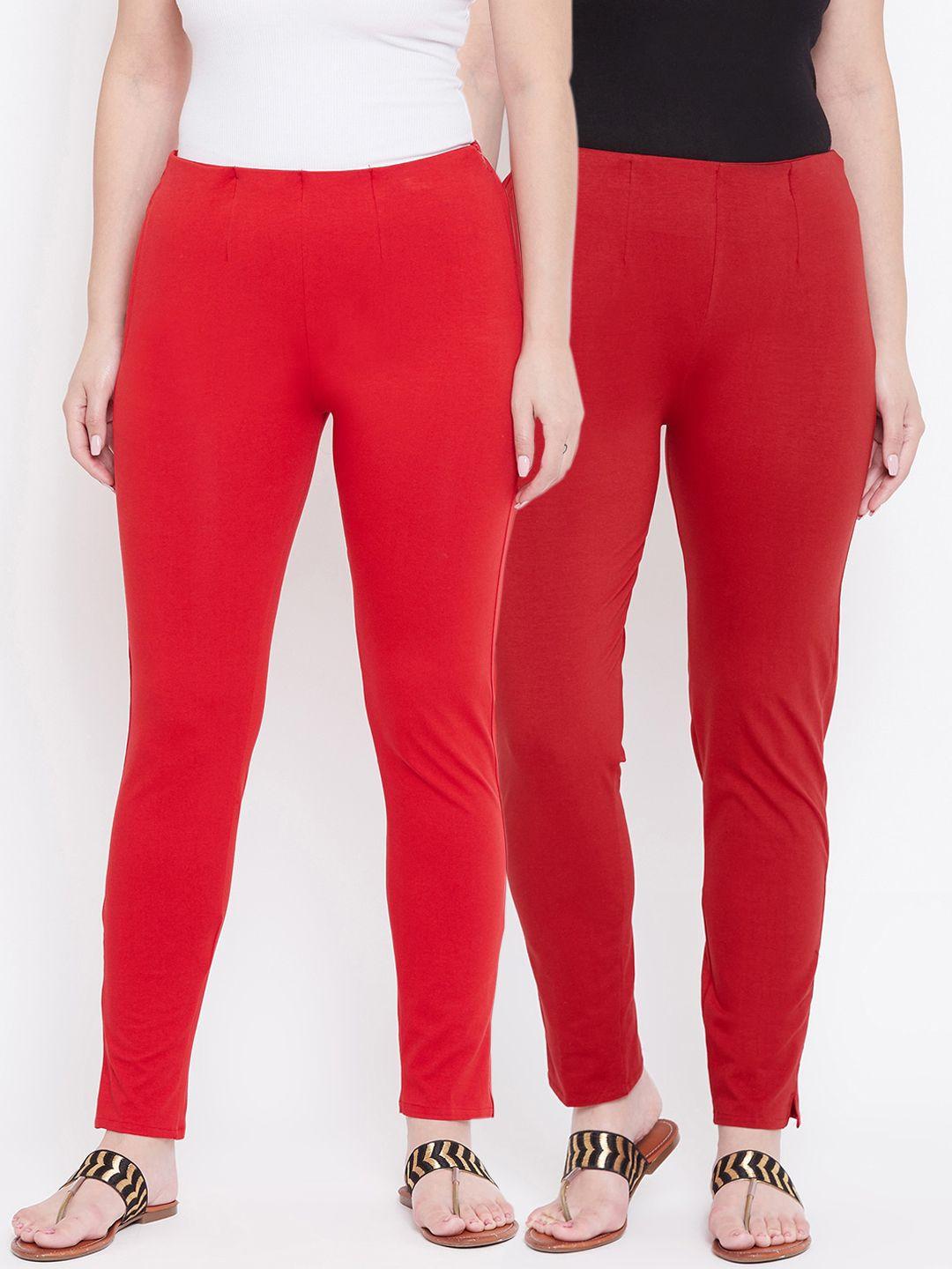 castle women pack of 2 red & maroon regular fit solid trousers