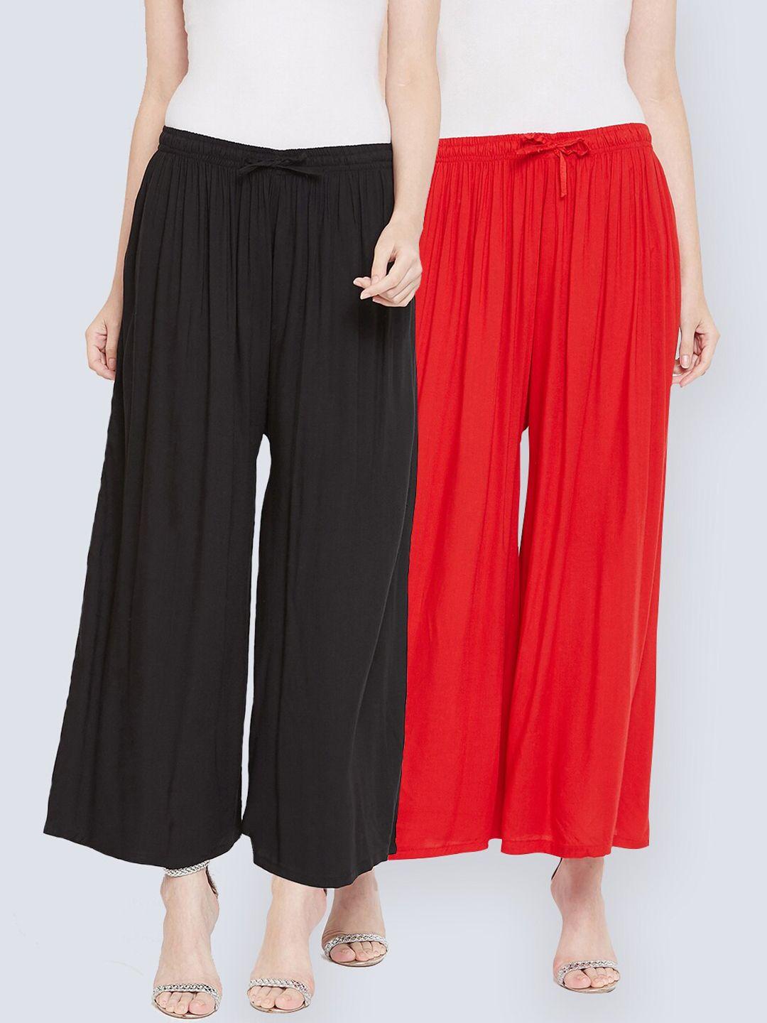 castle women pack of 2 solid red & black flared palazzos