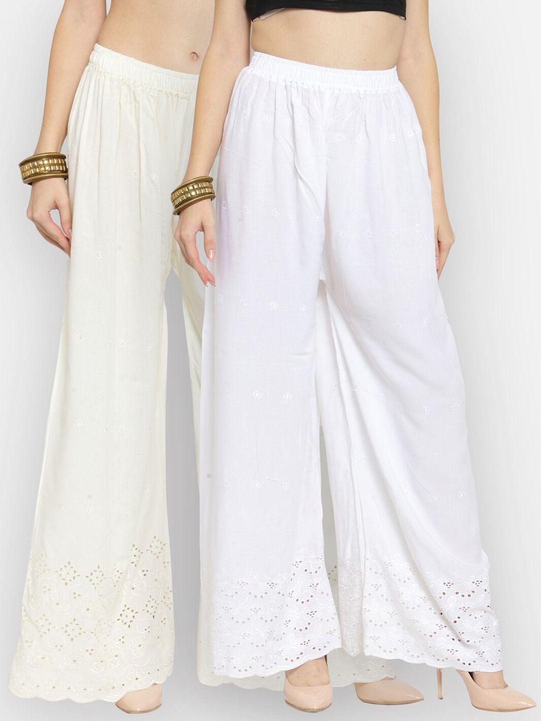 castle women pack of 2 white & off-white self-design straight palazzo