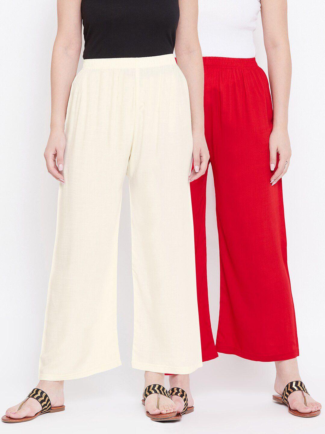 castle women white & red pack of 2 solid straight palazzos