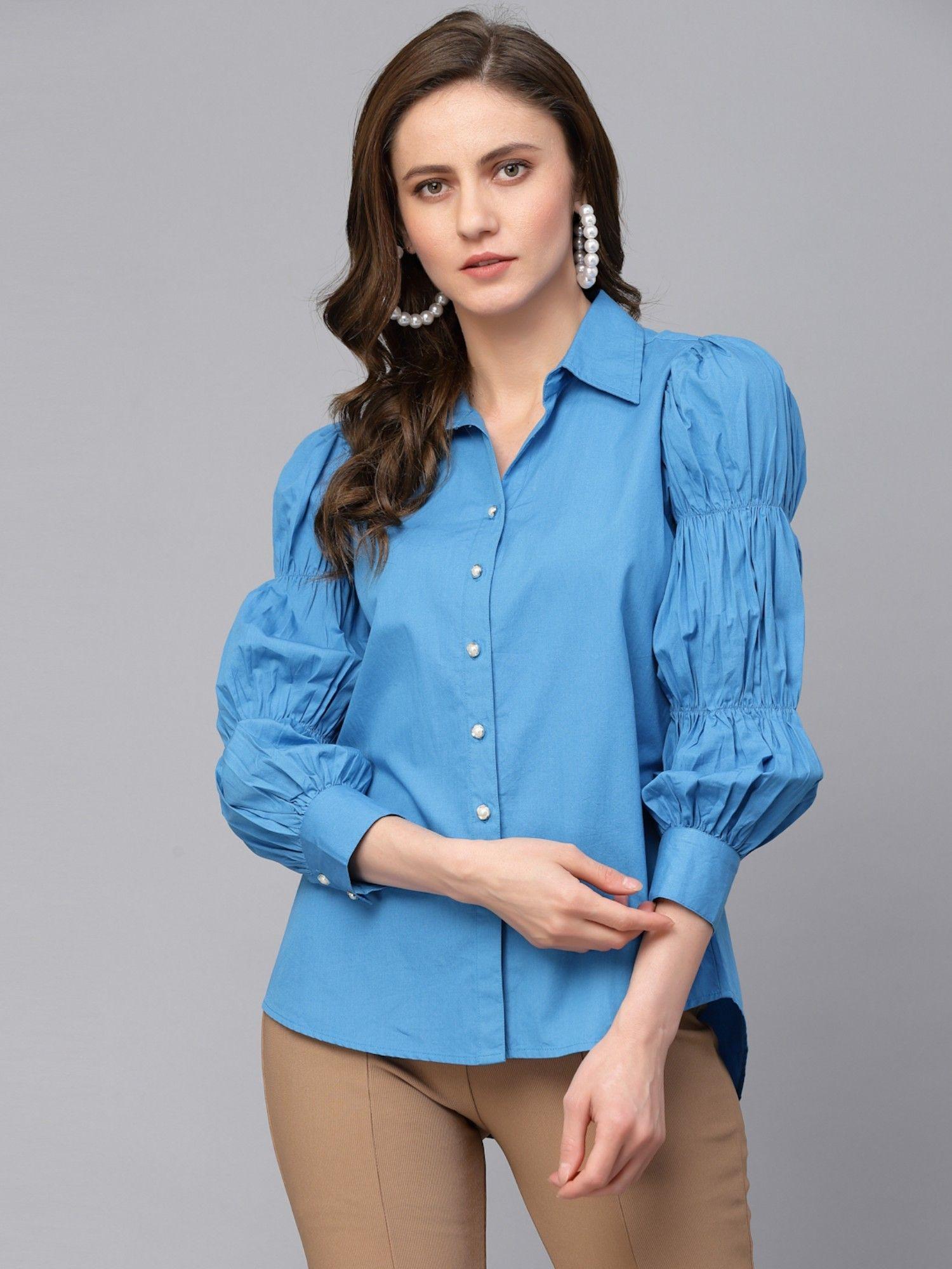 casual blue cotton shirt for women