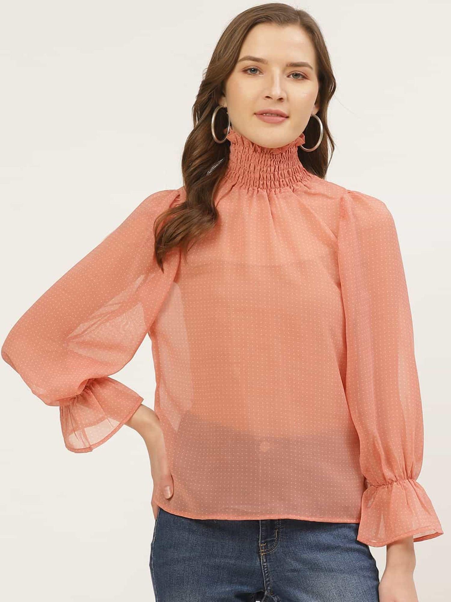 casual balloon sleeve polka print women orange top