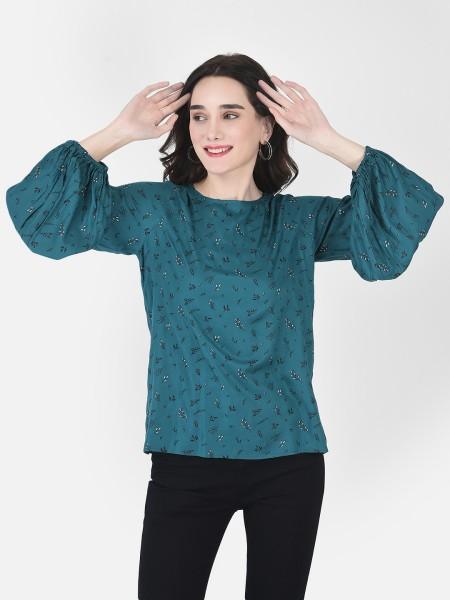 casual balloon sleeve printed women green top