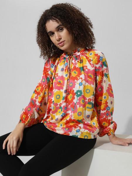 casual balloon sleeve printed women multicolor top