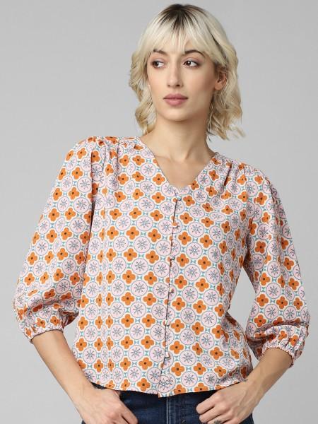 casual balloon sleeve printed women orange top