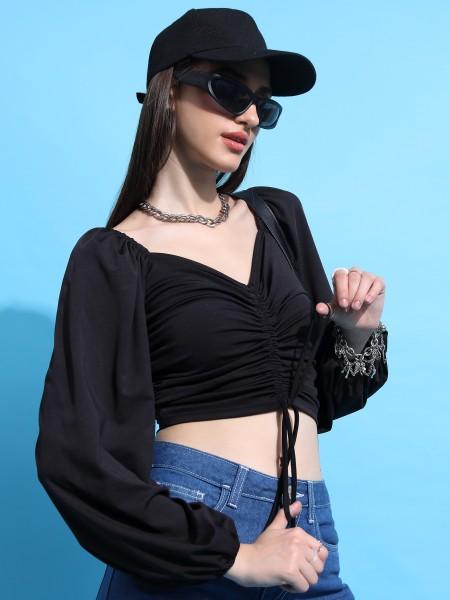 casual balloon sleeve solid women black top