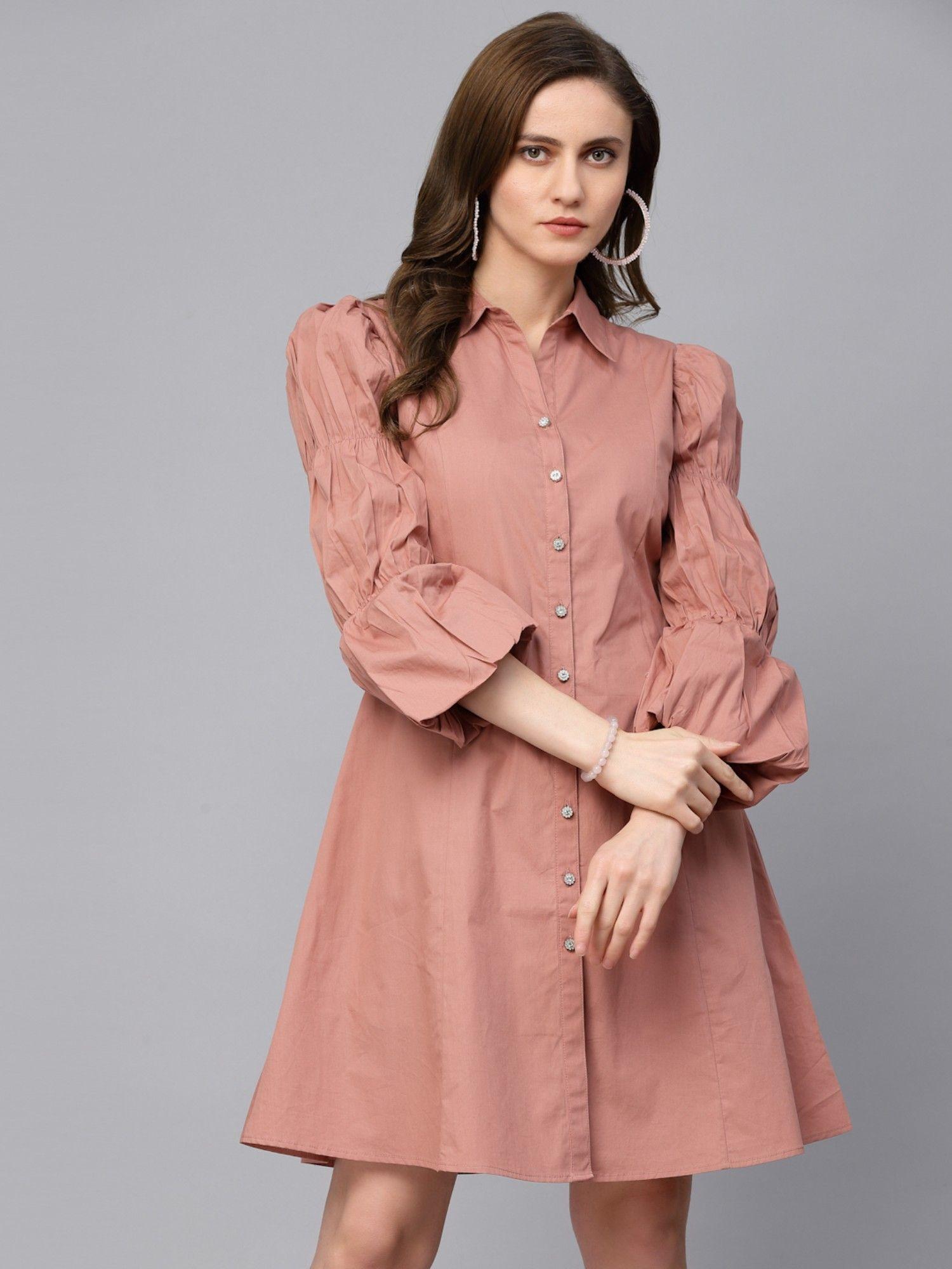 casual beige pink cotton dress for women