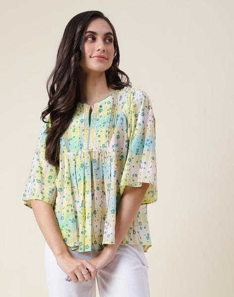 casual bell sleeves printed women multicolor top