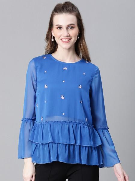 casual bell sleeves solid women light blue top