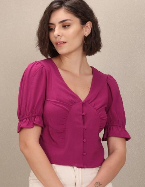 casual bell sleeves solid women pink top