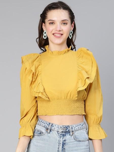 casual bell sleeves solid women yellow top