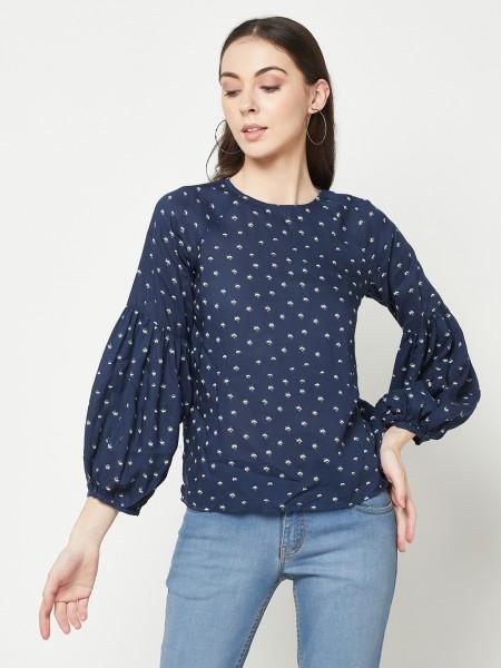 casual bishop sleeve printed women white, dark blue top