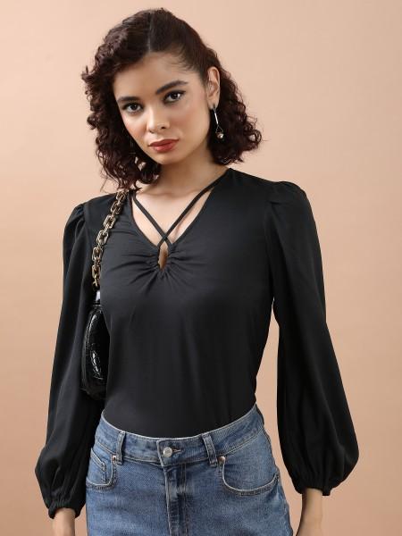 casual bishop sleeve solid women black top