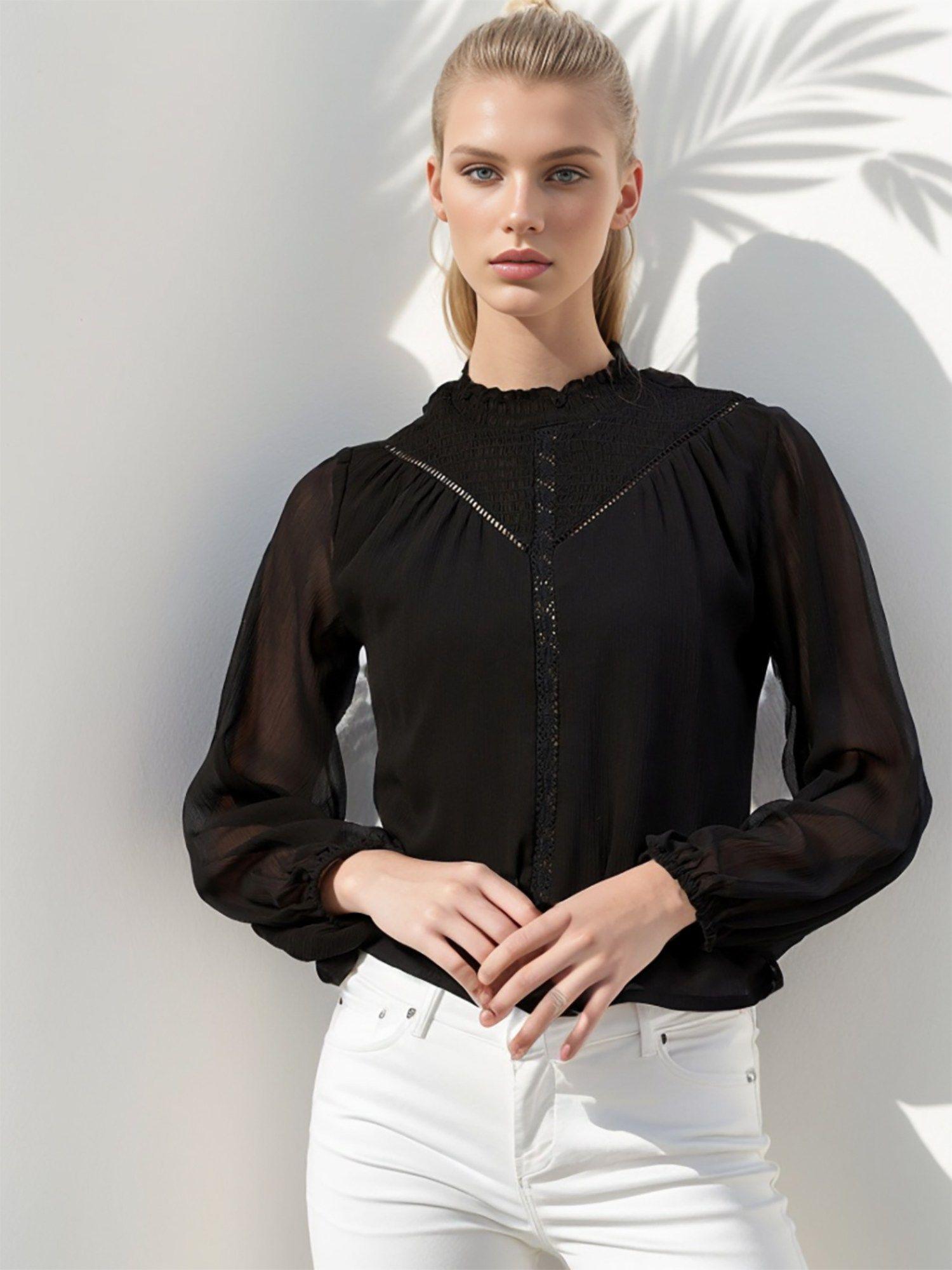 casual black colour high neck solid regular top