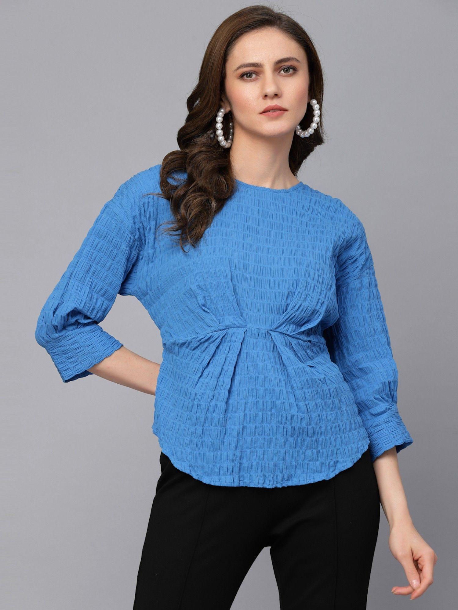 casual blue textured cotton blouse top for women