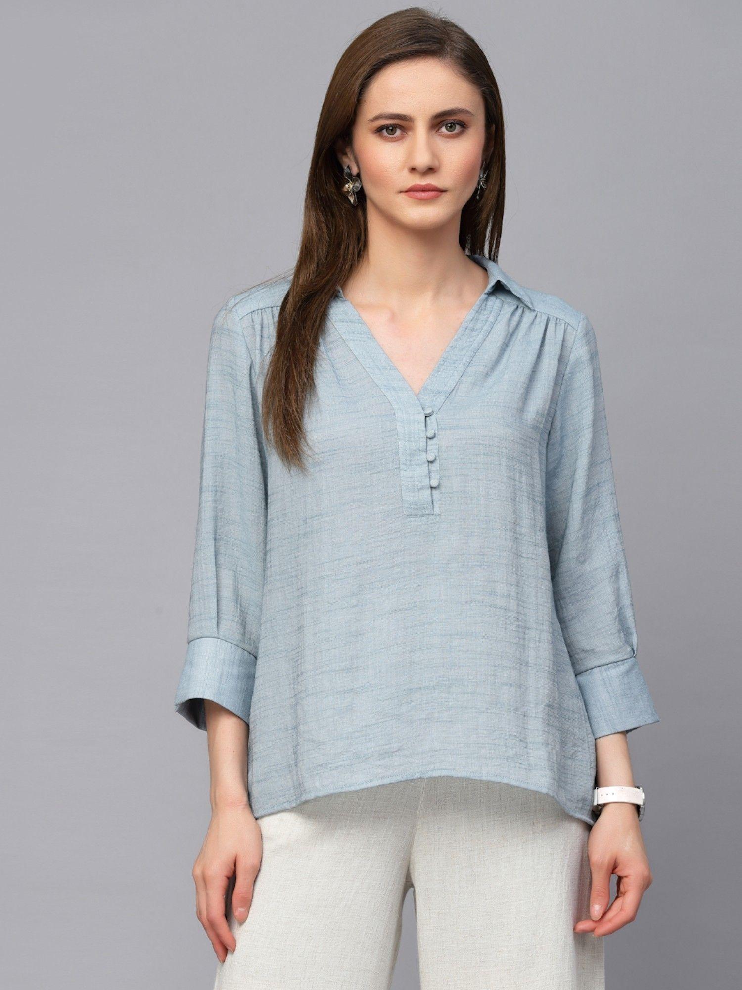 casual blue textured cotton tunic for women