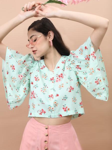 casual butterfly sleeves floral print women multicolor top