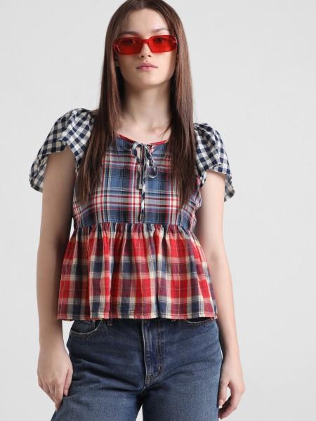 casual cap sleeves checkered women multicolor top