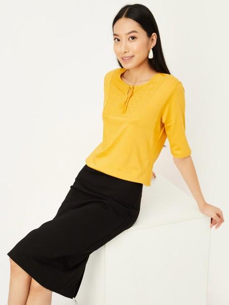 casual cap sleeves embroidered women yellow top