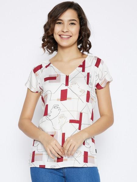 casual cap sleeves printed women white, maroon top