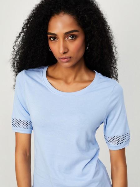 casual cap sleeves self design women light blue top