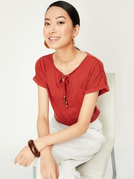 casual cap sleeves solid women red top