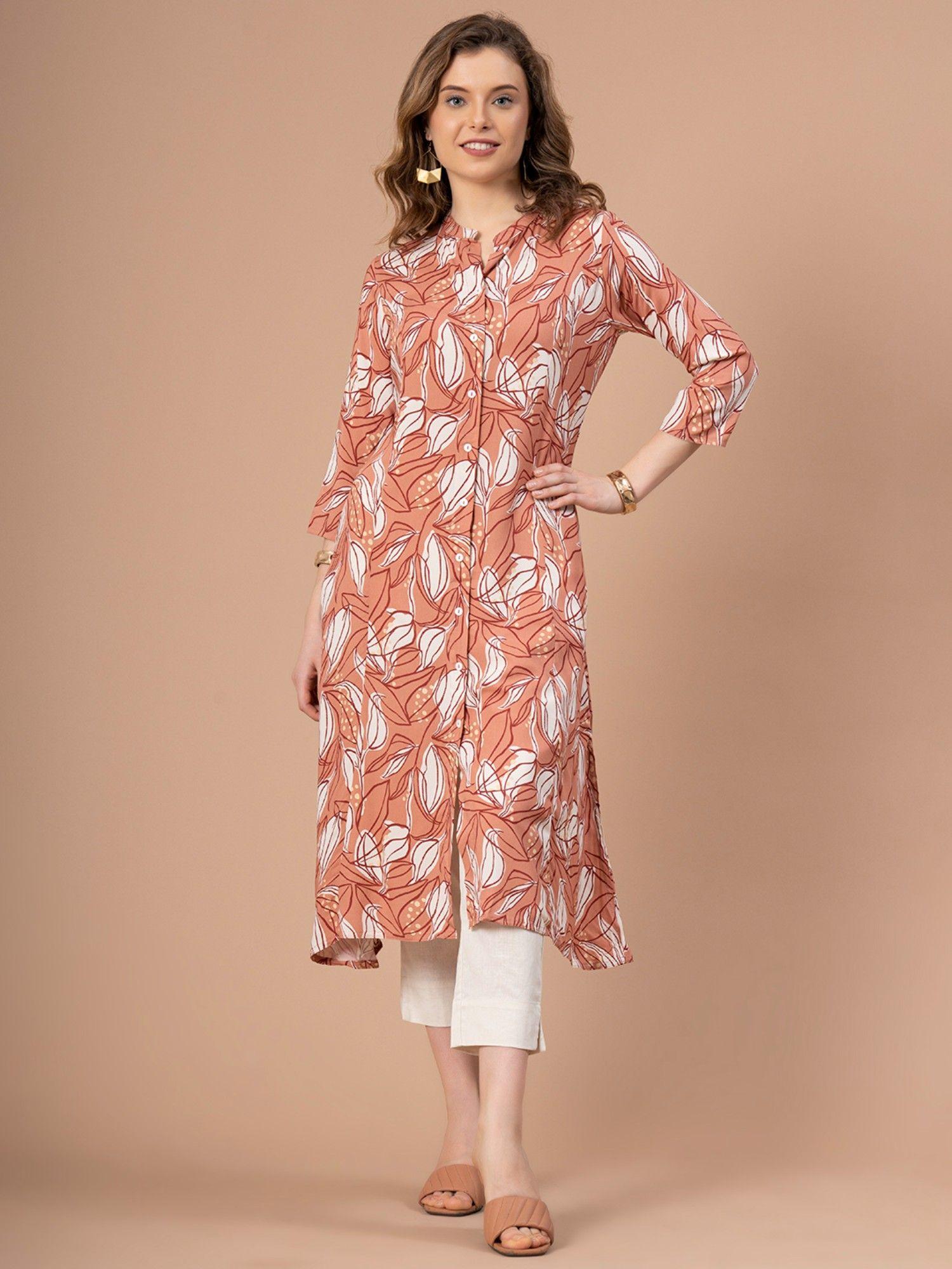 casual coral printed rayon kurta for women