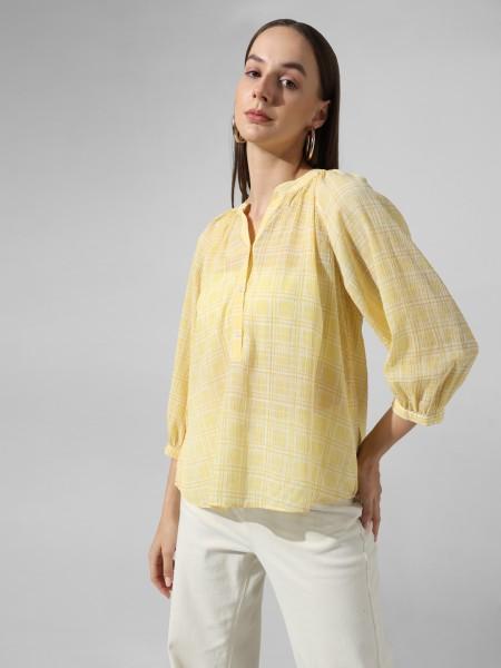 casual cuffed sleeves checkered women white, yellow top