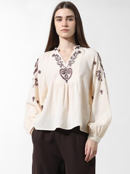 casual cuffed sleeves embroidered women beige, brown top