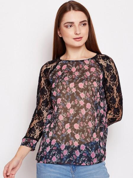 casual cuffed sleeves printed women black top