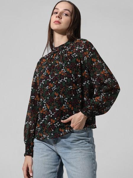 casual cuffed sleeves printed women black top