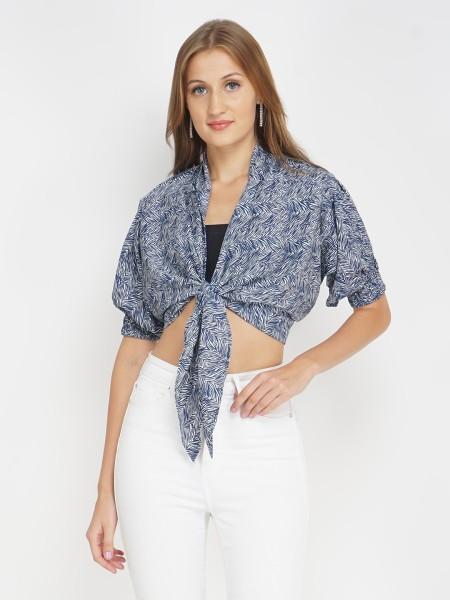 casual cuffed sleeves printed women blue top