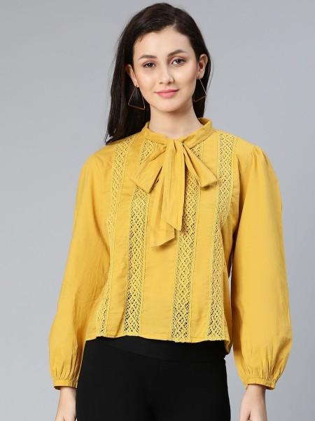 casual cuffed sleeves self design women yellow top